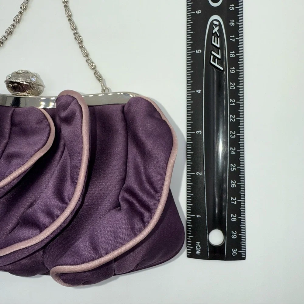 Dollhouse Satin Ruffled Front Jeweled Kiss-Lock Purple Handbag ClutchFormal Prom